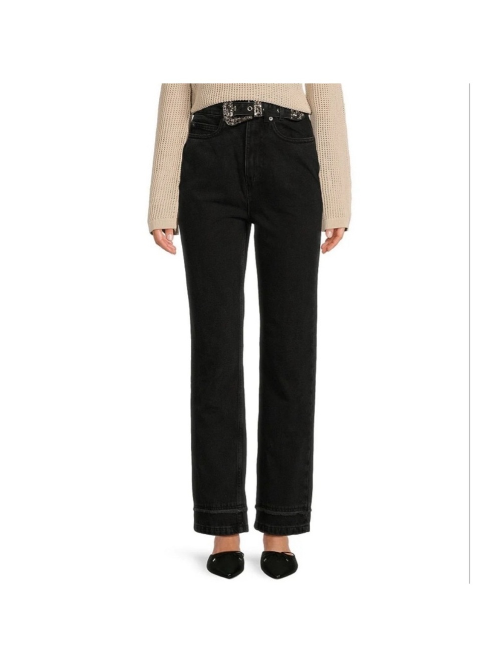 Le AL.X Western Belt Jean Straight Leg High Rise Womens Faded Black NWT
